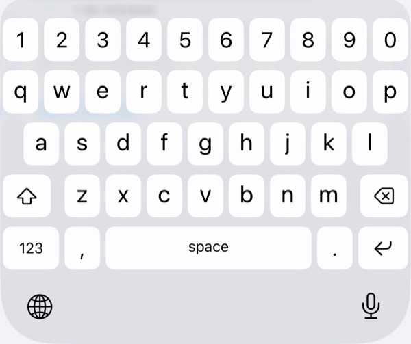 Letters page with a row of digits above the letters, and comma and period on either side of the spacebar