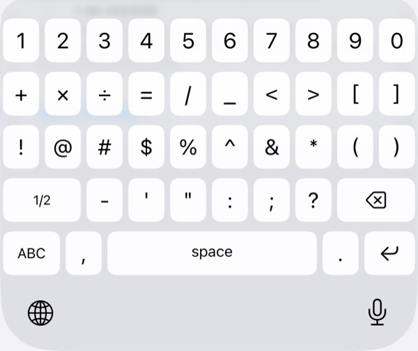 First symbols page with math signs, brackets and punctuation